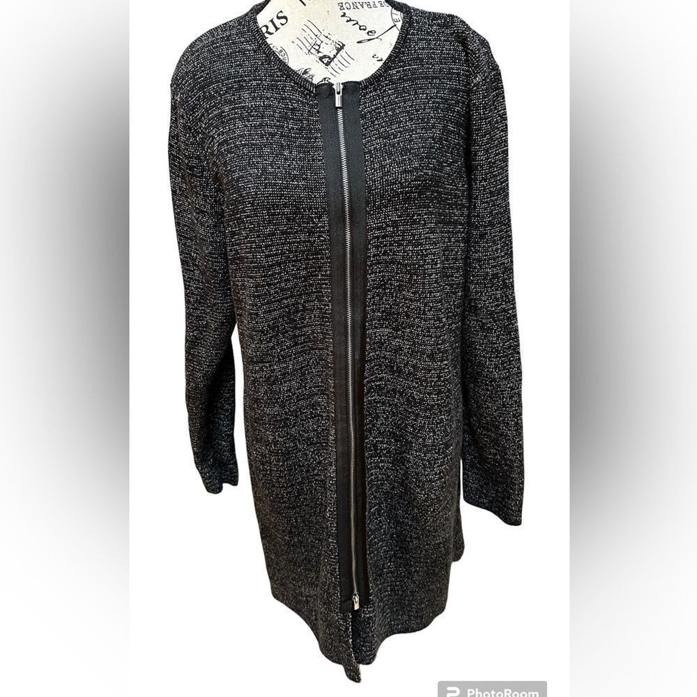 Talbots Two Way Zip Sweater Jacket Cardigan Duster Size XLarge Marled Black Knit - Picture 2 of 5